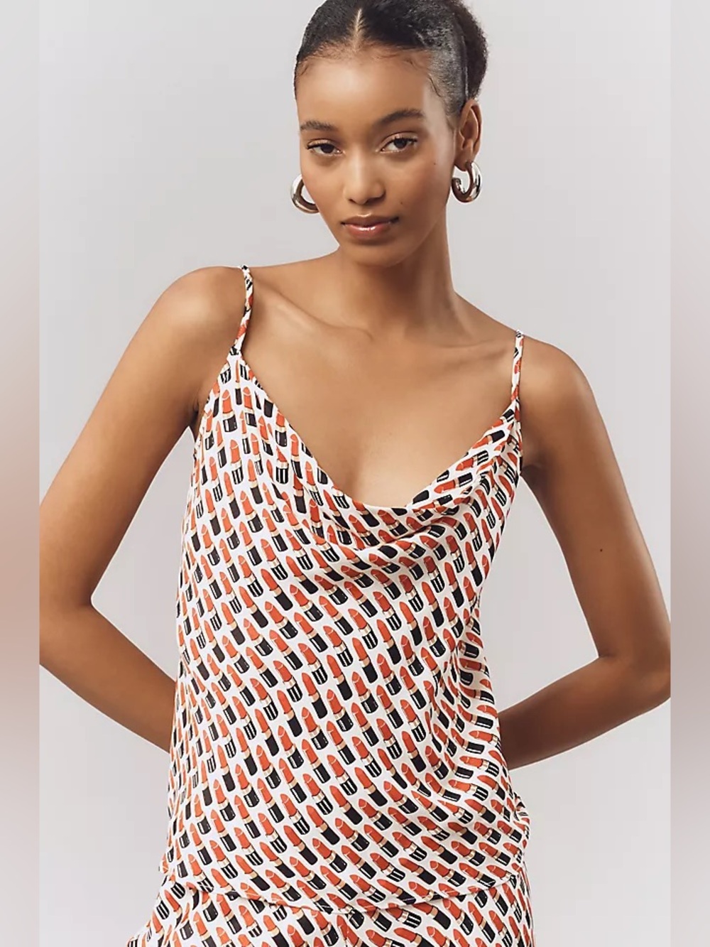 💄 Anthro silky cowl neck tank in super fun lipstick print. NWT Sz m